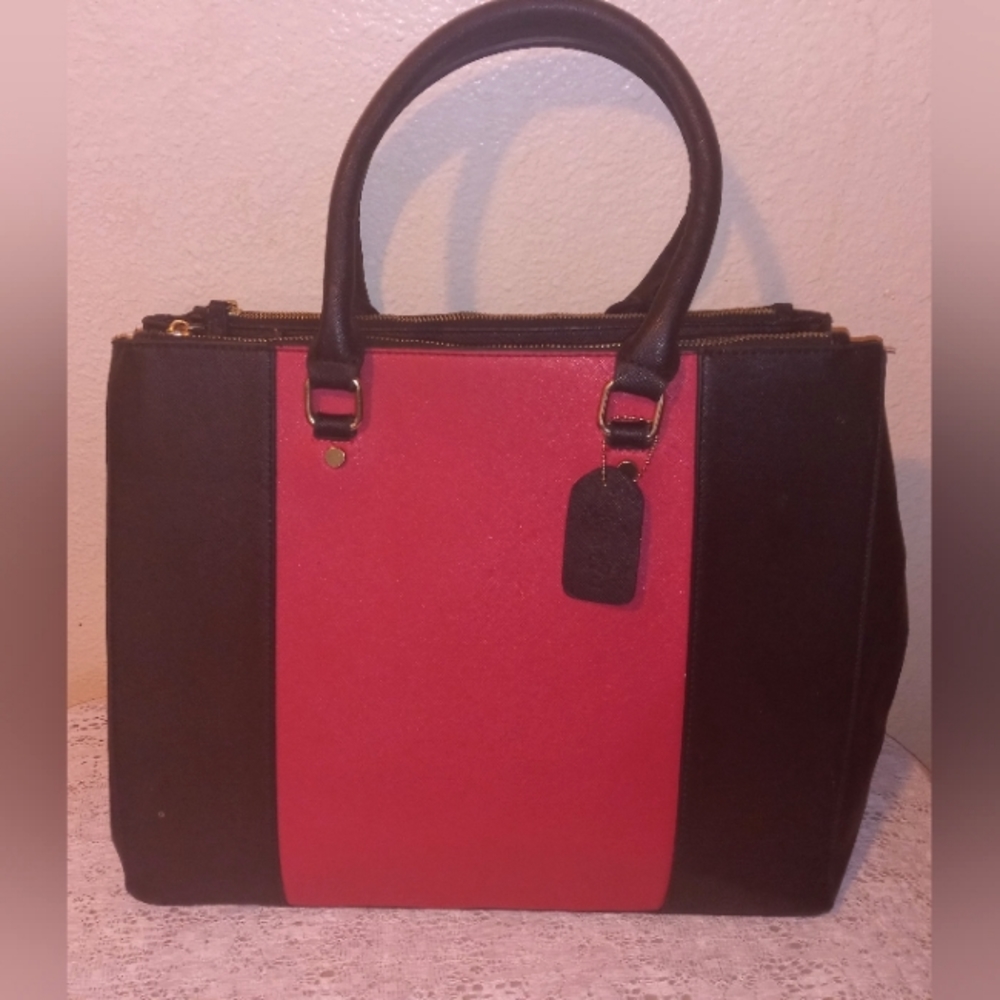 DASEIN WOMENS TOTE HANDBAG - BLACK/RED Vinyl Shoulder Top Handle